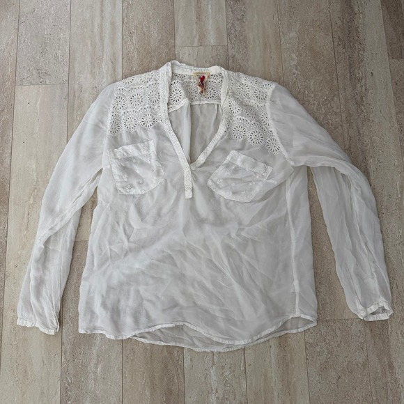Johnny Was Tops - Johnny Was White Embroidered‎ Floral Eyelet Boho Sheer V Neck Blouse Top Size M
